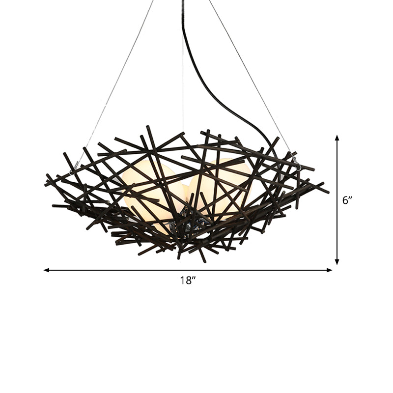 Nest Chandelier Lighting Japanese Bamboo 18"/22" Wide 3 Bulbs Coffee Ceiling Suspension Lamp