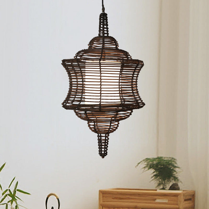 Curvy Ceiling Lamp Asia Rattan 1 Bulb Coffee Hanging Pendant Light with Inner White Tubular Shade
