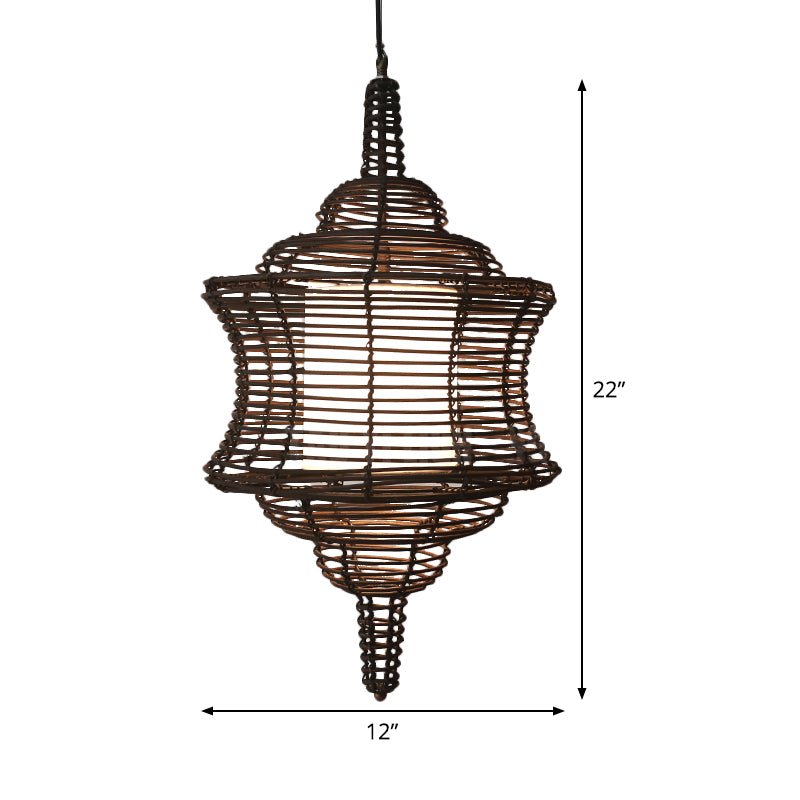 Curvy Ceiling Lamp Asia Rattan 1 Bulb Coffee Hanging Pendant Light with Inner White Tubular Shade