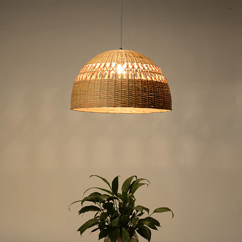 Bamboo Hemisphere Pendant Light Chinese 1 Head Ceiling Suspension Lamp in Flaxen