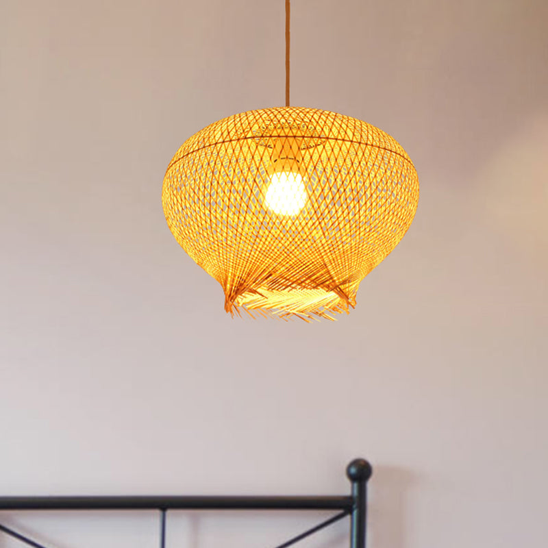 Lámpara colgante de linterna de bambú chino 1 cabeza de techo beige luz colgante para sala de estar