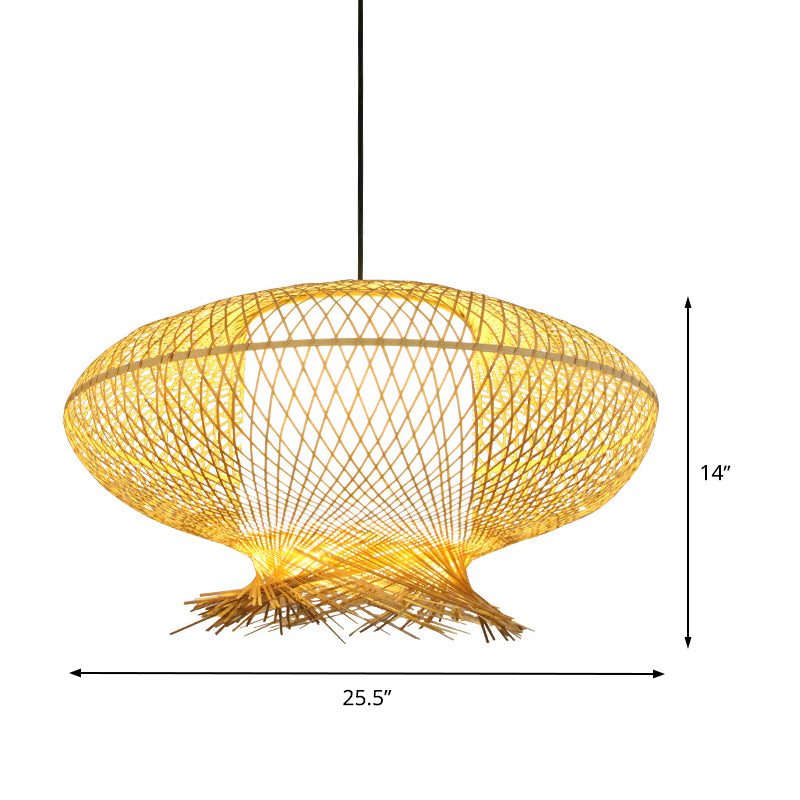 Oval Pendant Lamp Asia Bamboo 1 Bulb Khaki Ceiling Hanging Light with Inner Cylinder White Shade