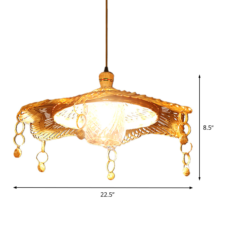 Chinese 1 Head Down Lighting Khaki Wide Flare Pendant Light Fixture with Bamboo Shade