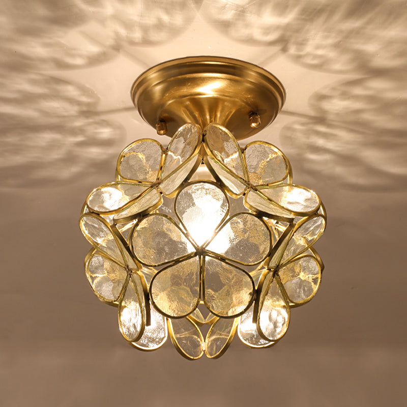 Colonical Artistic Indoor Ceiling Light Copper Petaloid Flush Mount with Pure Glass Shade