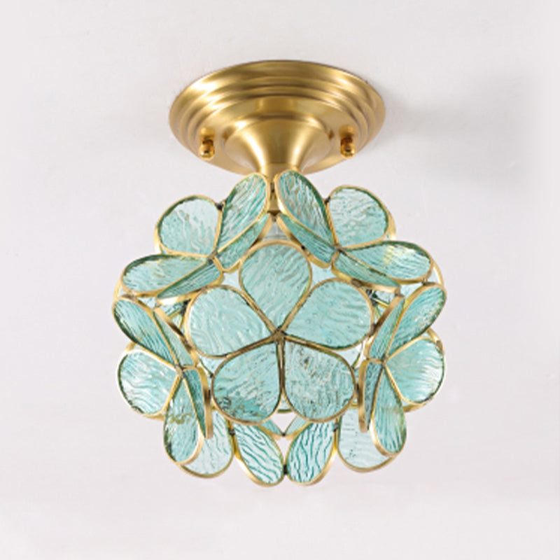 Colonical Artistic Indoor Ceiling Light Copper Petaloid Flush Mount with Pure Glass Shade