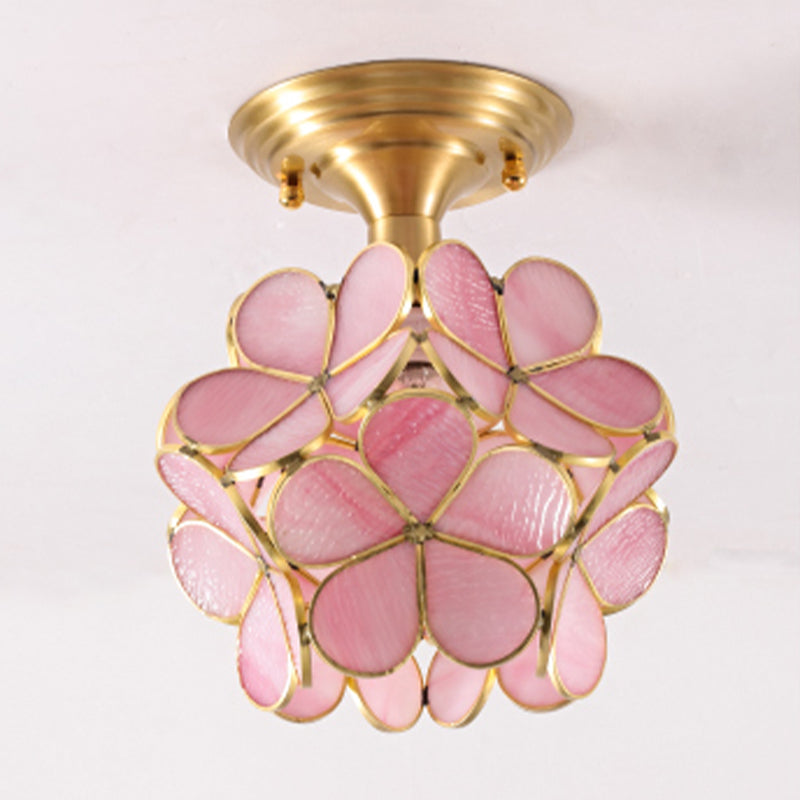 Colonical Artistic Indoor Ceiling Light Copper Petaloid Flush Mount with Pure Glass Shade
