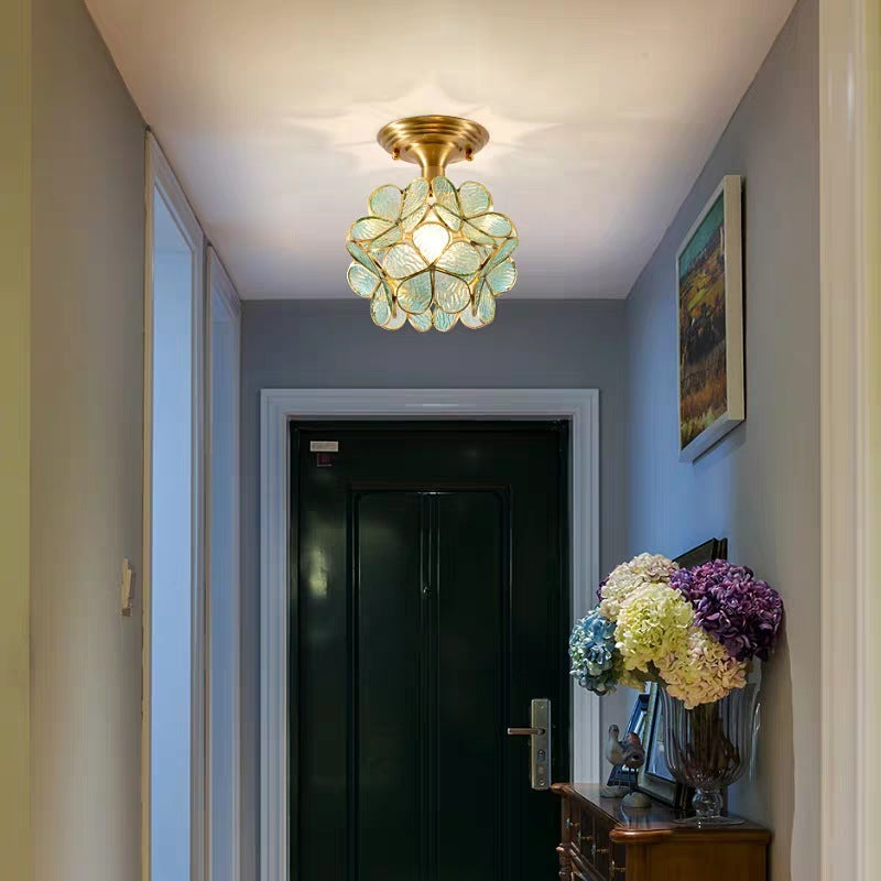 Colonical Artistic Indoor Ceiling Light Copper Petaloid Flush Mount with Pure Glass Shade