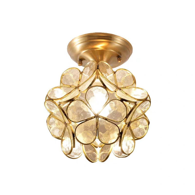 Colonical Artistic Indoor Ceiling Light Copper Petaloid Flush Mount with Pure Glass Shade