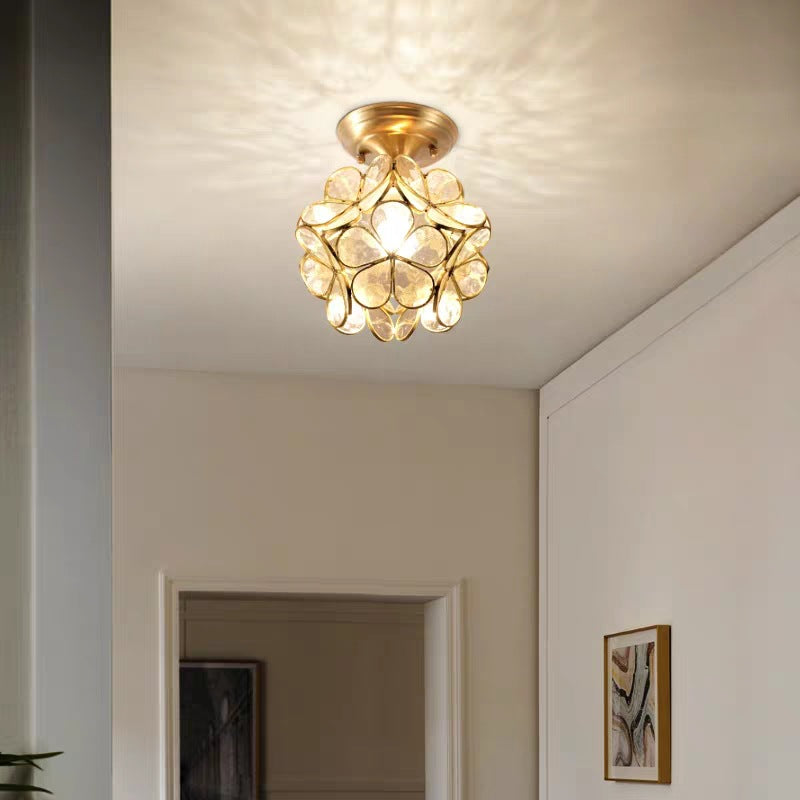 Colonical Artistic Indoor Ceiling Light Copper Petaloid Flush Mount with Pure Glass Shade