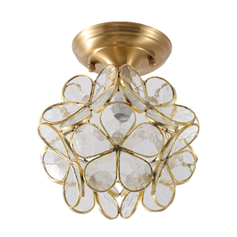 Colonical Artistic Indoor Ceiling Light Copper Petaloid Flush Mount with Pure Glass Shade