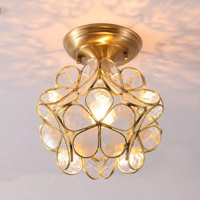 Colonical Artistic Indoor Ceiling Light Copper Petaloid Flush Mount with Pure Glass Shade