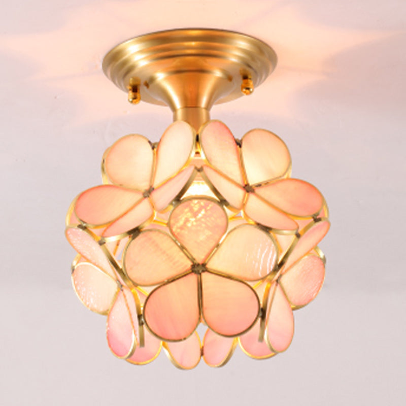 Colonical Artistic Indoor Ceiling Light Copper Petaloid Flush Mount with Pure Glass Shade