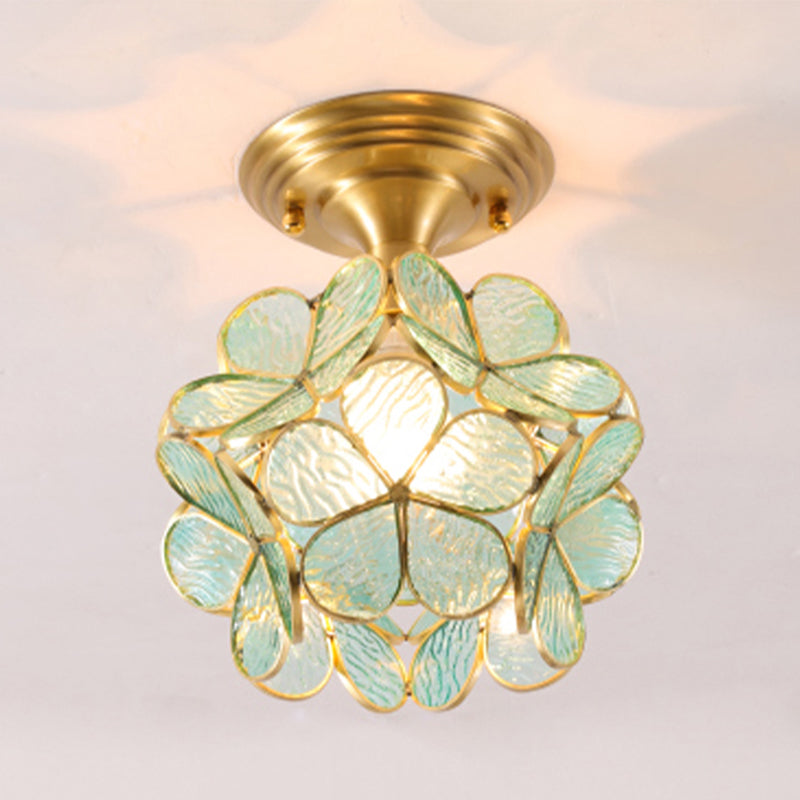 Colonical Artistic Indoor Ceiling Light Copper Petaloid Flush Mount with Pure Glass Shade