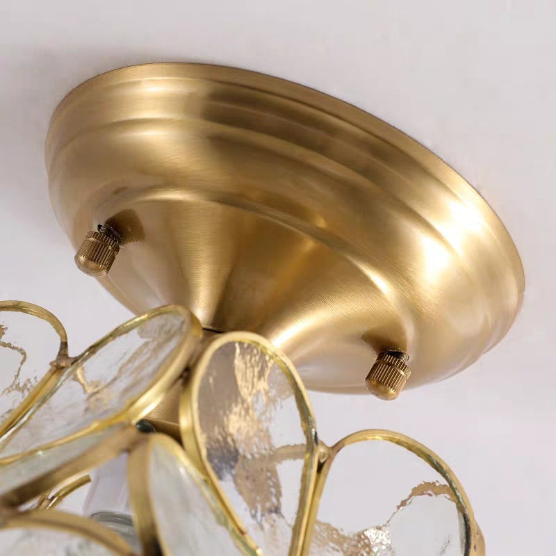 Colonical Artistic Indoor Ceiling Light Copper Petaloid Flush Mount with Pure Glass Shade