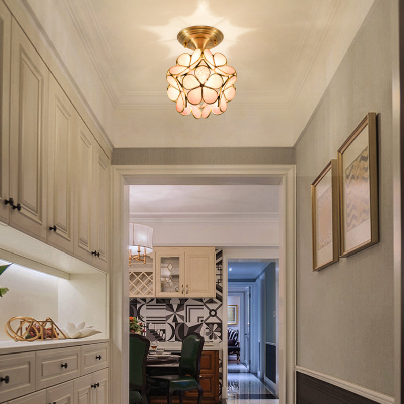 Colonical Artistic Indoor Ceiling Light Copper Petaloid Flush Mount with Pure Glass Shade