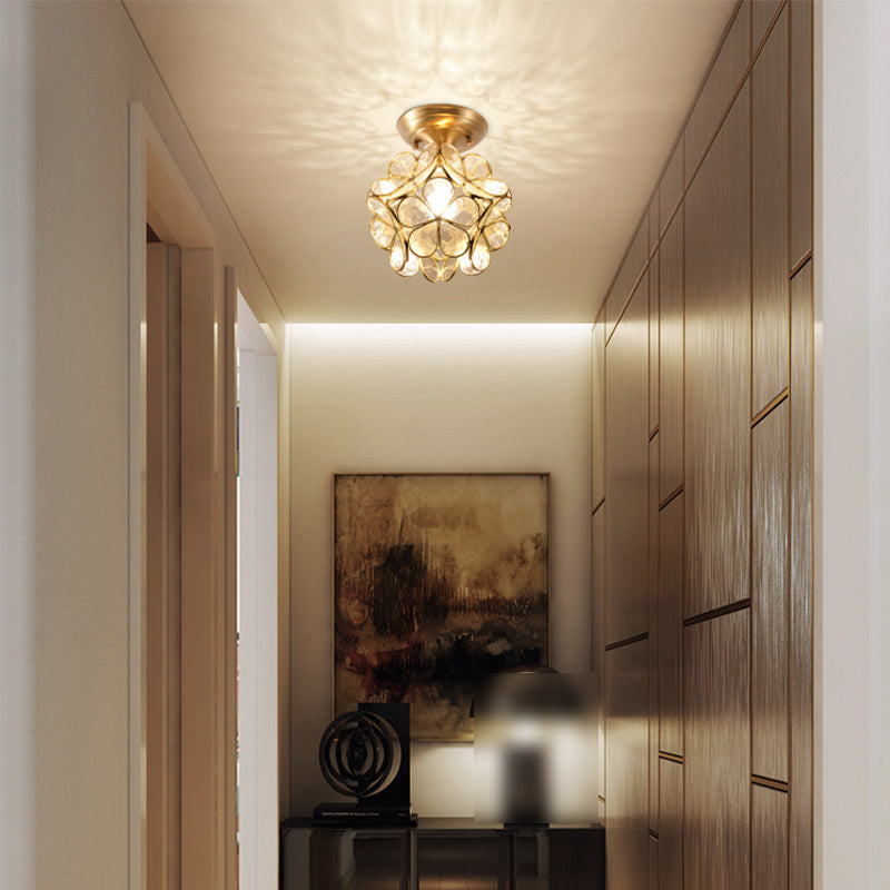 Colonical Artistic Indoor Ceiling Light Copper Petaloid Flush Mount with Pure Glass Shade