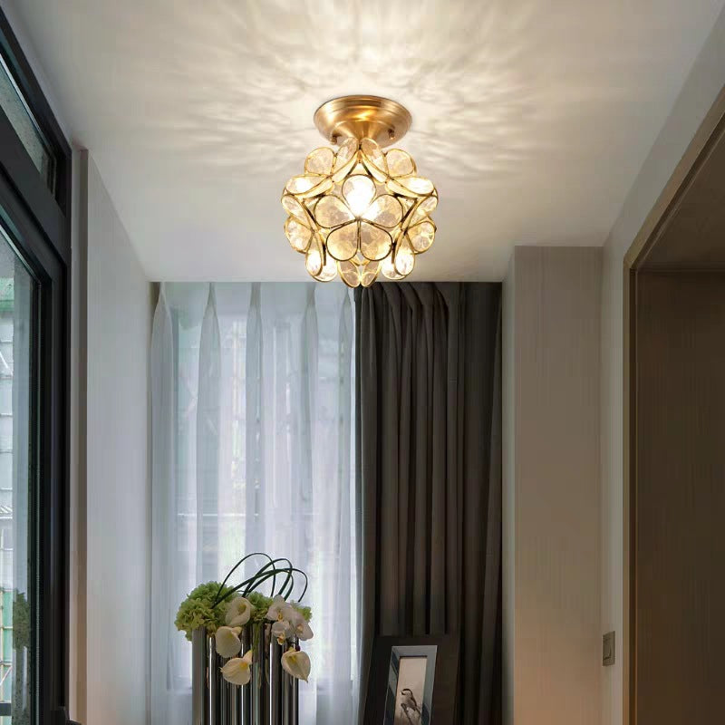 Colonical Artistic Indoor Ceiling Light Copper Petaloid Flush Mount with Pure Glass Shade