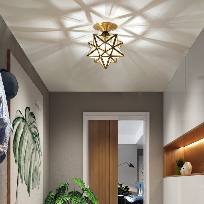 Glass Brass Ceiling Fixture in Colonical Vintage Style Copper Star Ceiling Light for Corridor
