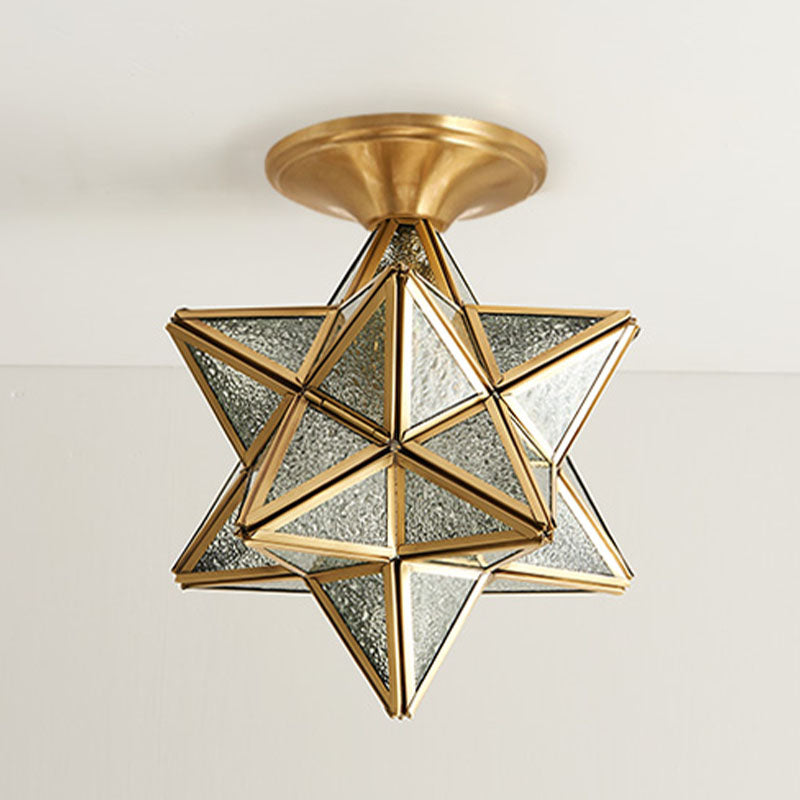 Glass Brass Ceiling Fixture in Colonical Vintage Style Copper Star Ceiling Light for Corridor