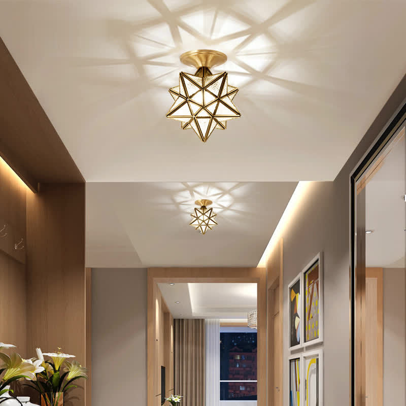 Glass Brass Ceiling Fixture in Colonical Vintage Style Copper Star Ceiling Light for Corridor
