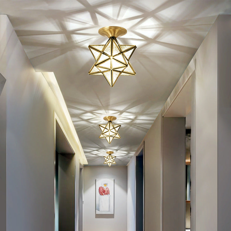 Glass Brass Ceiling Fixture in Colonical Vintage Style Copper Star Ceiling Light for Corridor
