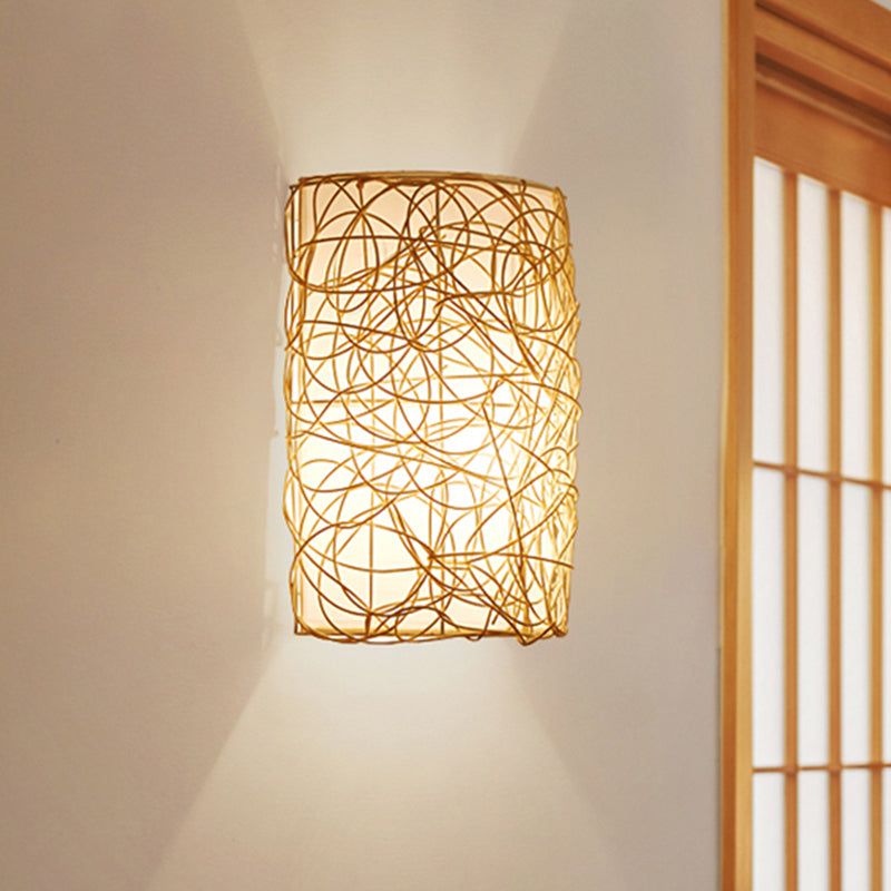 1 Head Half-Cylinder Sconce Japanese Rattan Wall Mounted Light Fixture in White