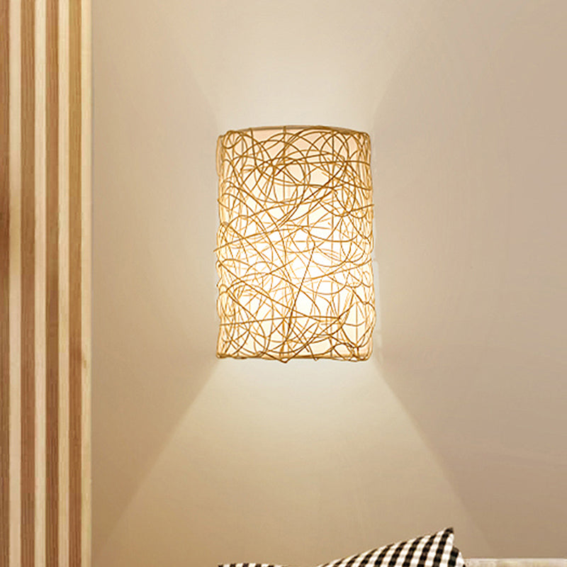 1 Head Half-Cylinder Sconce Japanese Rattan Wall Mounted Light Fixture in White