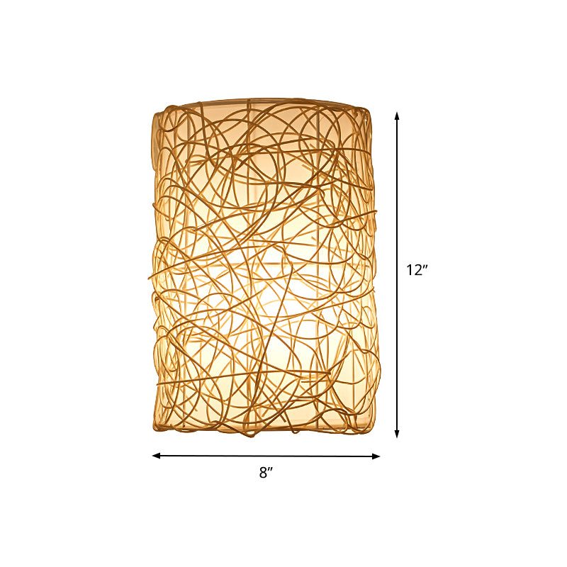 1 Head Half-Cylinder Sconce Japanese Rattan Wall Mounted Light Fixture in White