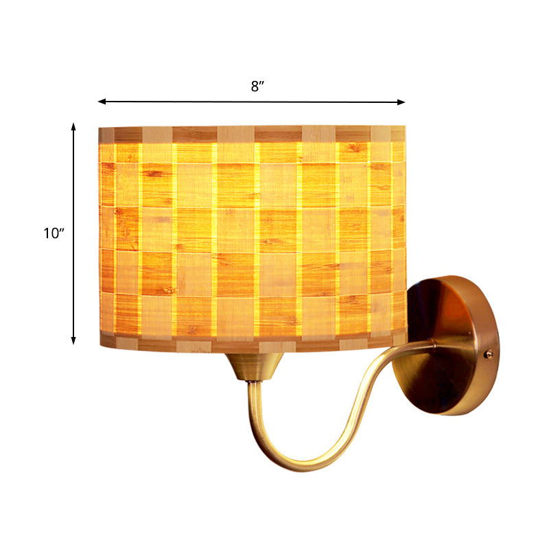 Wood Drum Wall Lighting Chinese 1 Head Beige Sconce Light Fixture with Metal Curved Arm