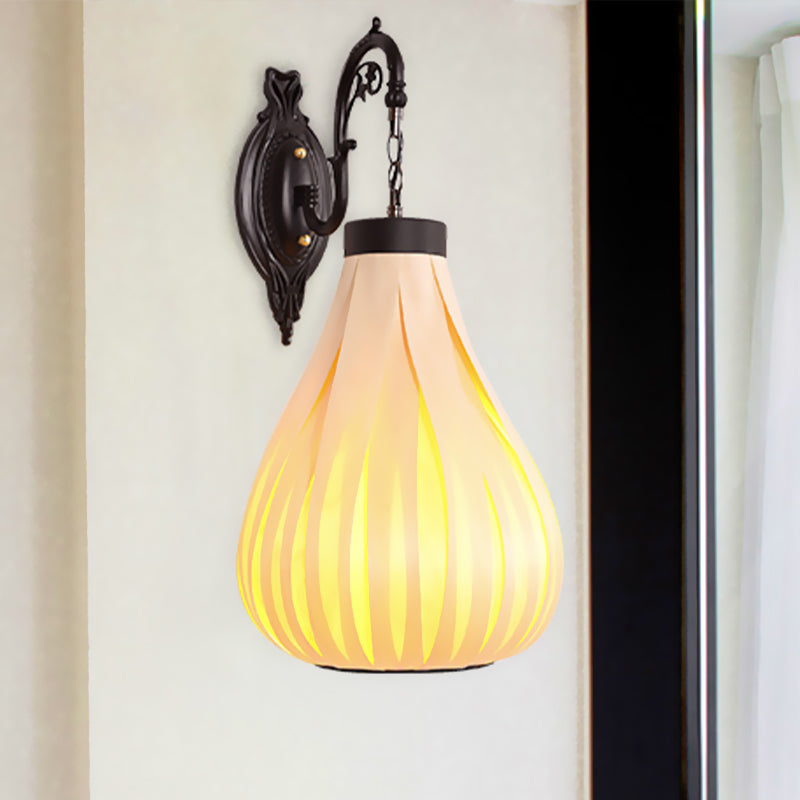 Japanese 1 Bulb Sconce Light Beige Teardrop Wall Mounted Lighting with Wood Shade