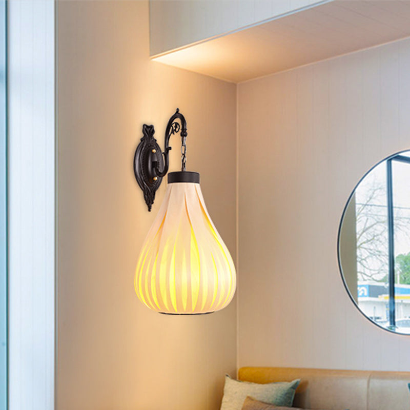 Japanese 1 Bulb Sconce Light Beige Teardrop Wall Mounted Lighting with Wood Shade