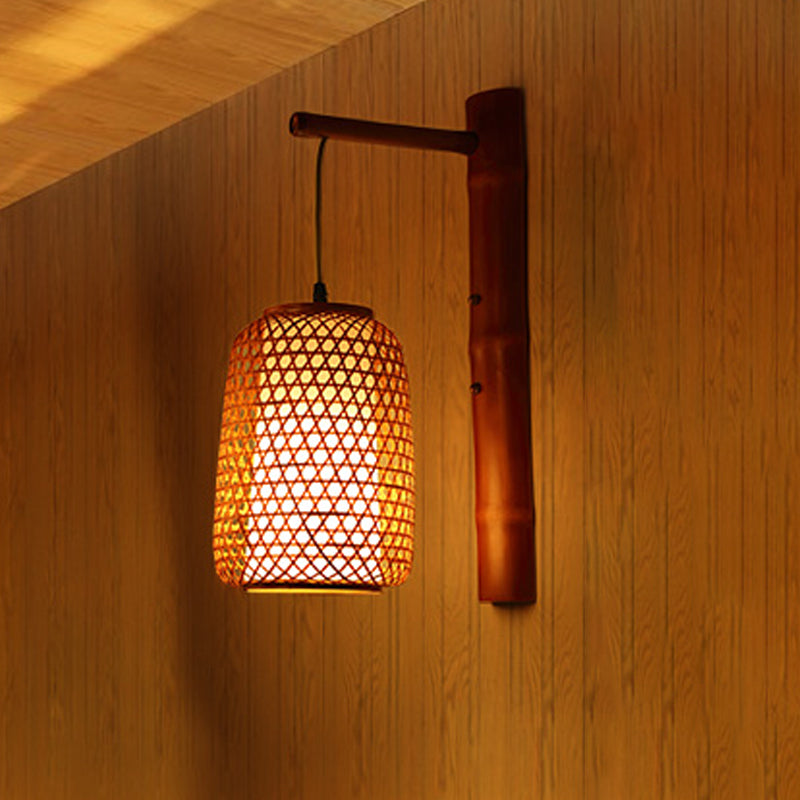 Handmade Bamboo Sconce Asia 1 Bulb Red Brown Wall Mount Light Fixture with Inner Tubular White Parchment Shade