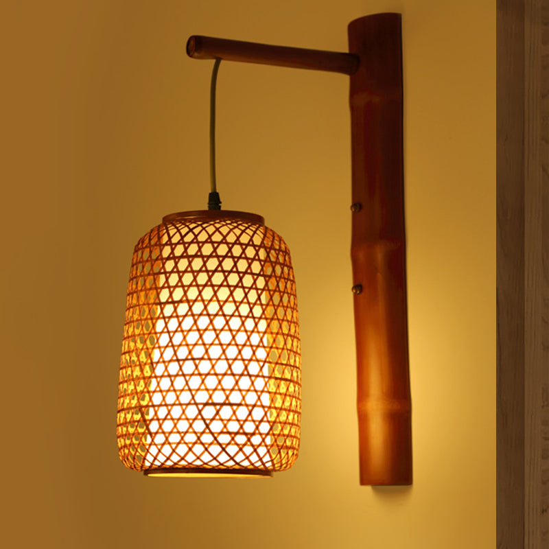 Handmade Bamboo Sconce Asia 1 Bulb Red Brown Wall Mount Light Fixture with Inner Tubular White Parchment Shade