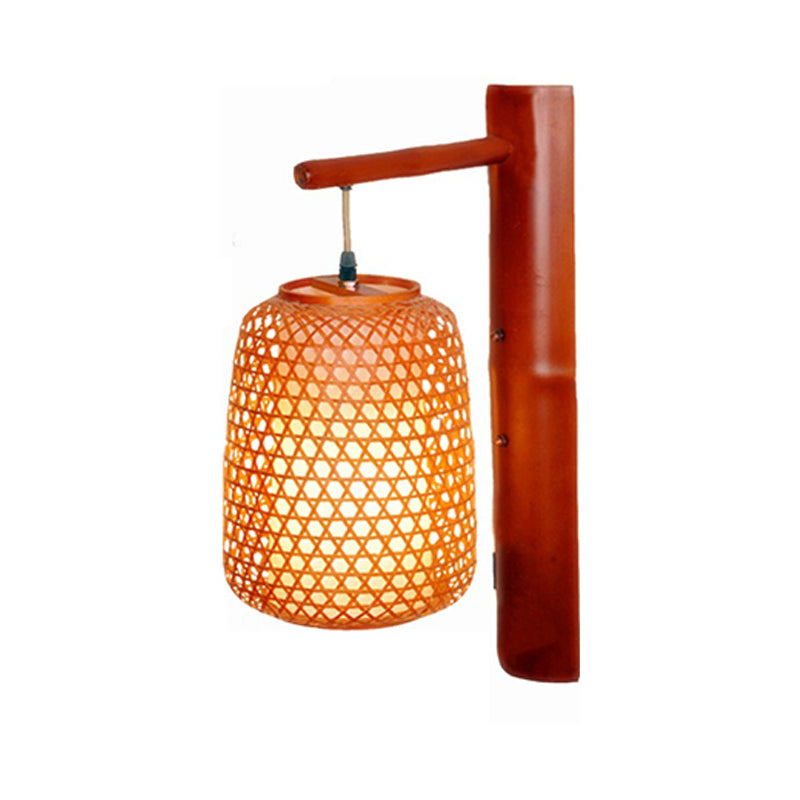 Handmade Bamboo Sconce Asia 1 Bulb Red Brown Wall Mount Light Fixture with Inner Tubular White Parchment Shade