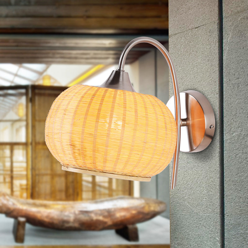 Iluminación de pared de calabaza beige asiático 1 cabezal de bambú luminoso con brazo con curvas de metal