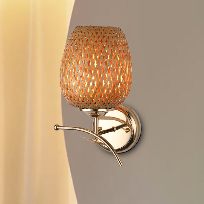 Japanese Hand-Worked Sconce Light Bamboo 1 Bulb Wall Mount Lighting in Brown for Stairway
