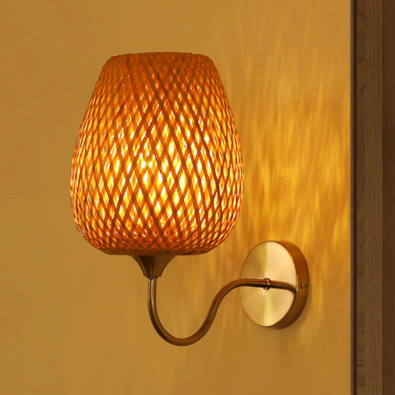 1 Head Dining Room Wall Lamp Chinese Khaki Sconce Light Fixture with Basket Bamboo Shade