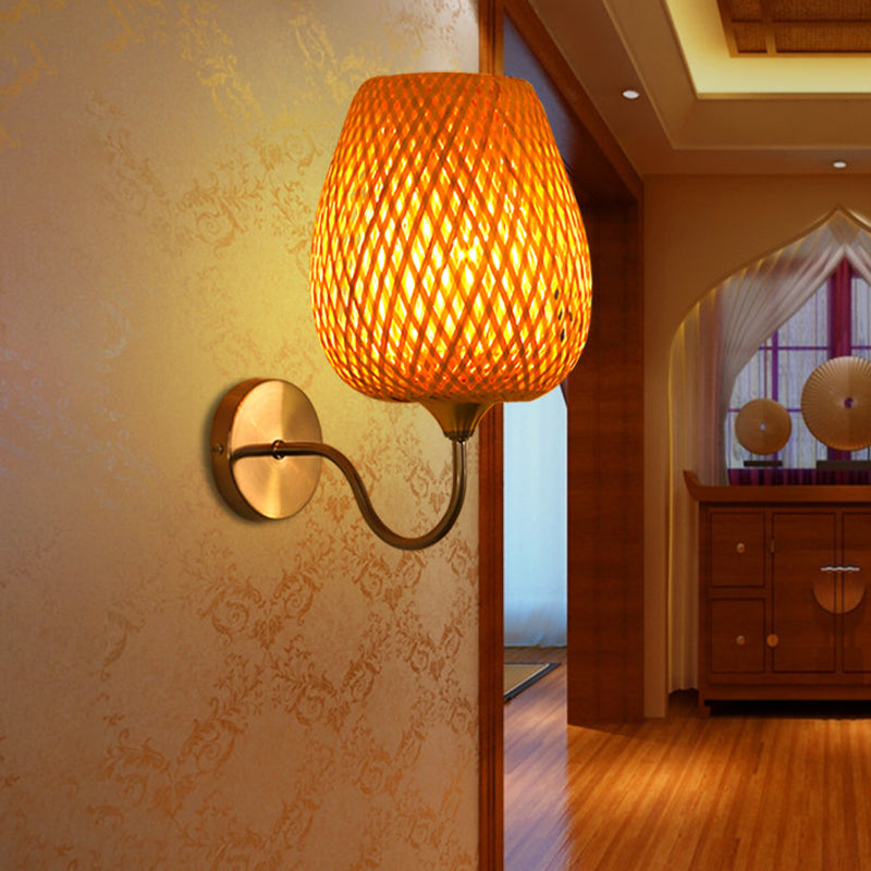 1 Head Dining Room Wall Lamp Chinese Khaki Sconce Light Fixture with Basket Bamboo Shade