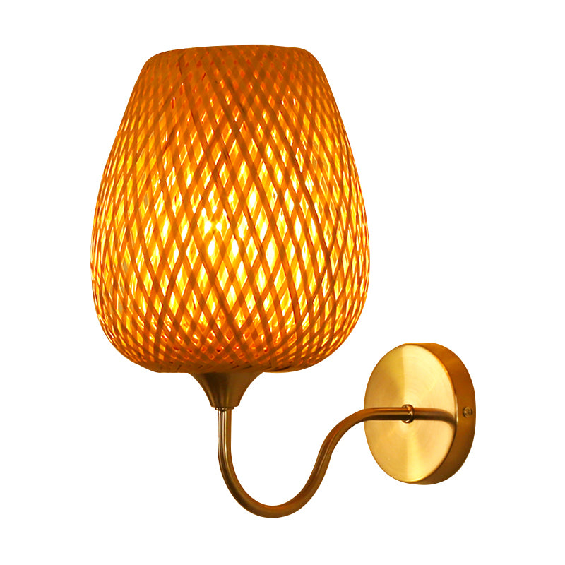 1 Head Dining Room Wall Lamp Chinese Khaki Sconce Light Fixture with Basket Bamboo Shade