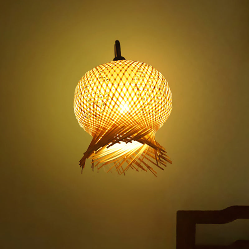 Bamboo Hand Woven Sconce Asia 1 Head Wall Mount Lamp in Flaxen with Metal Goosenesk Arm
