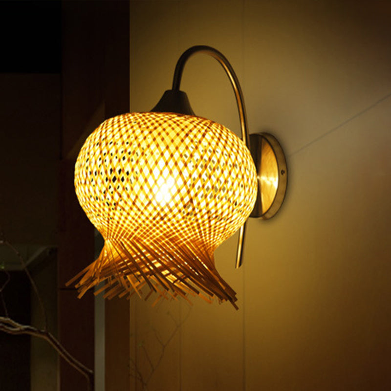 Bamboo Hand Woven Sconce Asia 1 Head Wall Mount Lamp in Flaxen with Metal Goosenesk Arm