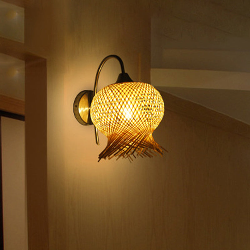 Bamboo Hand Woven Sconce Asia 1 Head Wall Mount Lamp in Flaxen with Metal Goosenesk Arm