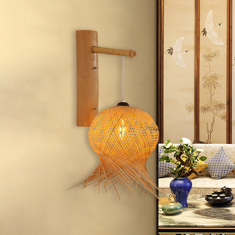 Lantern Sconce Light Chinese Bamboo 1 Bulb Wall Mounted Lamp in Flaxen for Teahouse