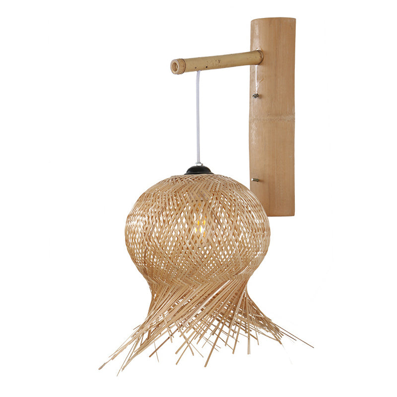 Lantern Sconce Light Chinese Bamboo 1 Bulb Wall Mounted Lamp in Flaxen for Teahouse