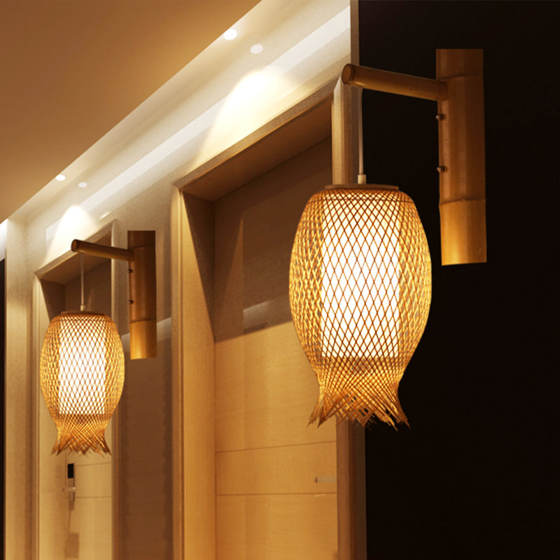Bamboo Handcrafted Sconce Light Asia 1 Head Khaki Wall Mount Lighting with Inner Tube White Parchment Shade