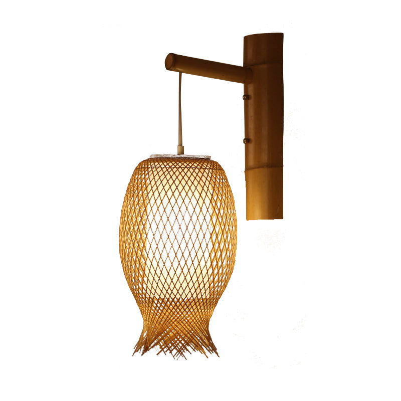 Bamboo Handcrafted Sconce Light Asia 1 Head Khaki Wall Mount Lighting with Inner Tube White Parchment Shade