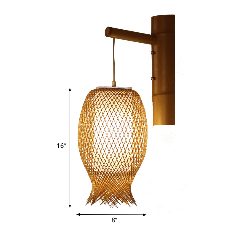 Bamboo Handcrafted Sconce Light Asia 1 Head Khaki Wall Mount Lighting with Inner Tube White Parchment Shade