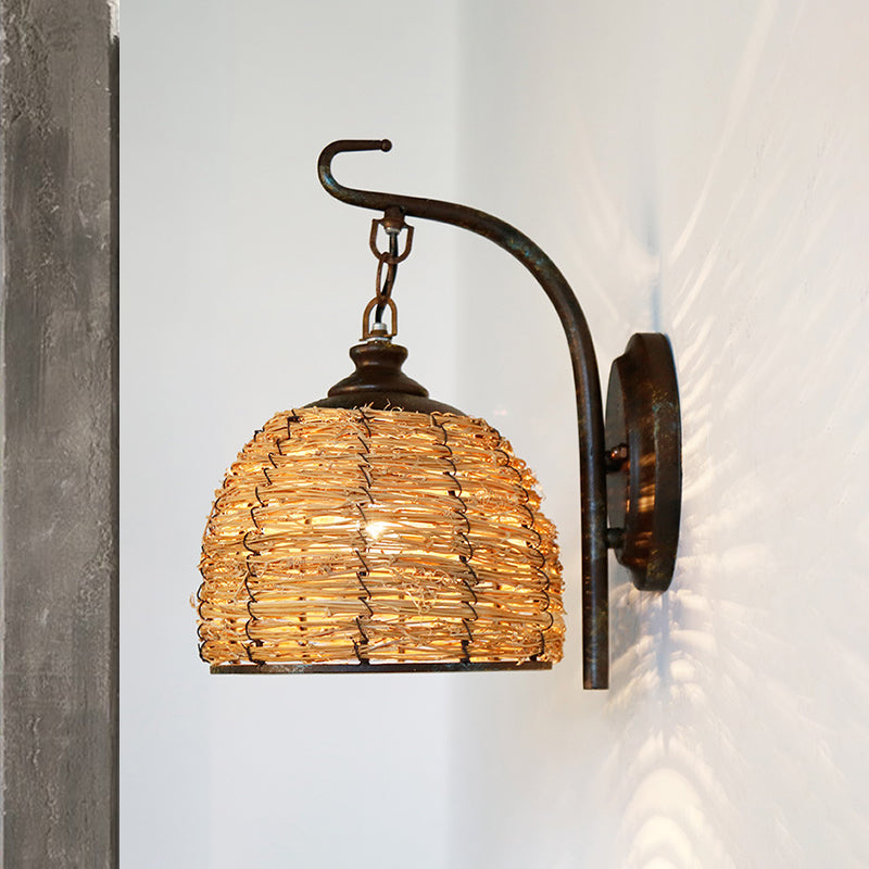 1 Bulb Domed Wall Lighting Japanese Rattan Sconce Light Fixture in Flaxen with Metal Curved Arm