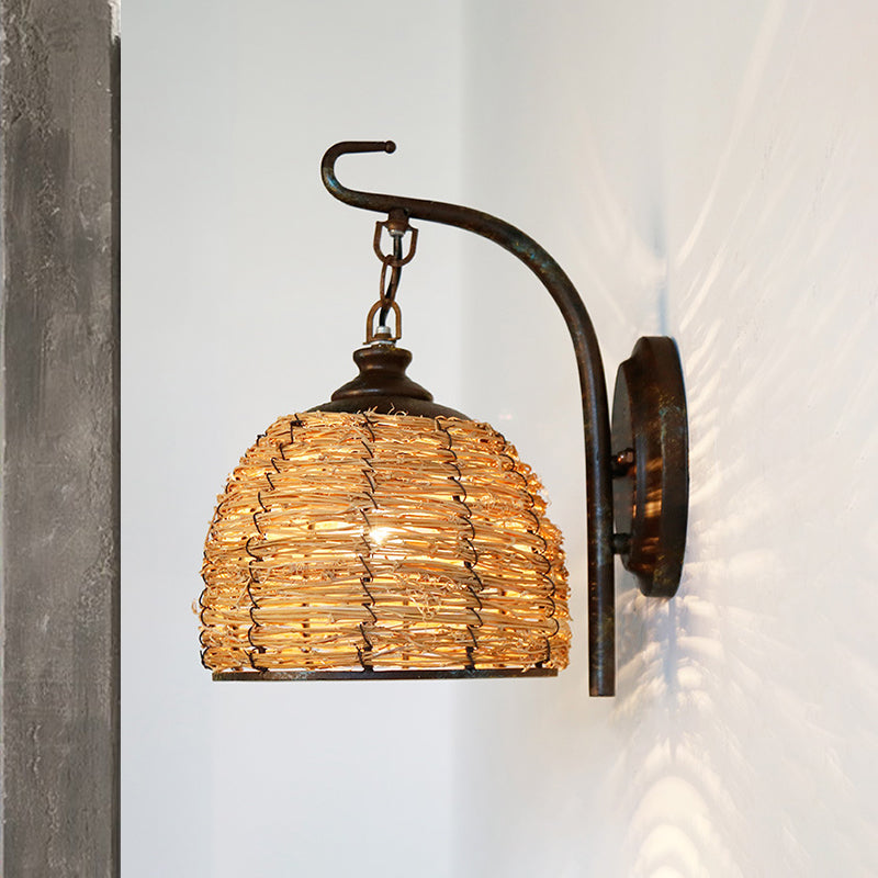 1 lamp koepelvormige wandverlichting Japanse rotan SCONCE LIMMUTE IN FLAXEN met metalen gebogen arm