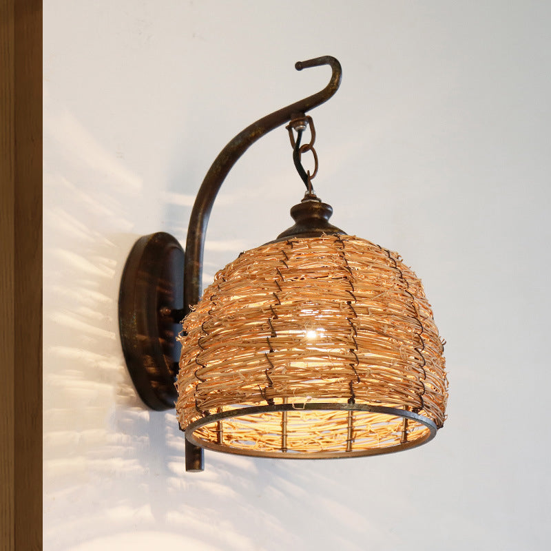 1 Bulb Domed Wall Lighting Japanese Rattan Sconce Light Fixture in Flaxen with Metal Curved Arm